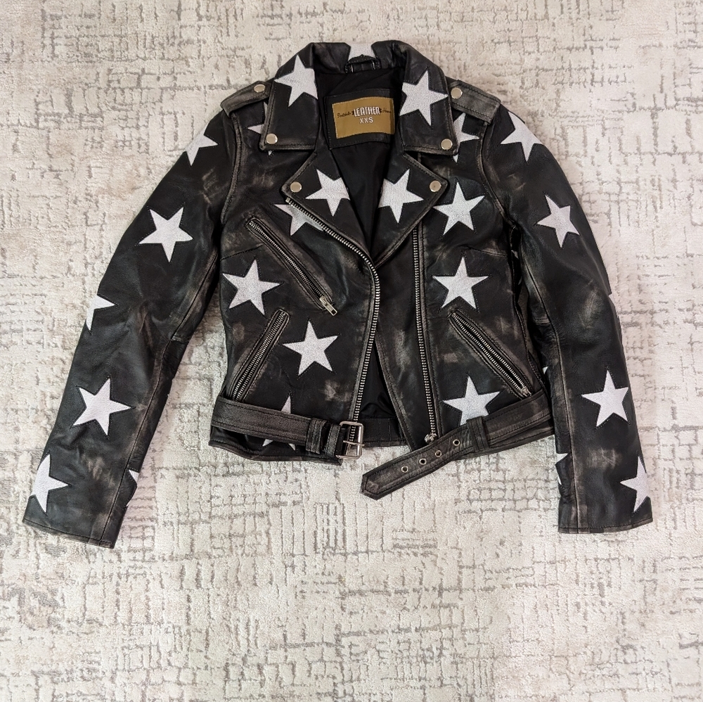Genuine Leather Black Jacket with White Stars